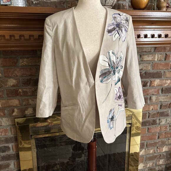 Coldwater Creek Jackets & Blazers - Coldwater Creek Tan Linen Blend Blazer Floral Size 12